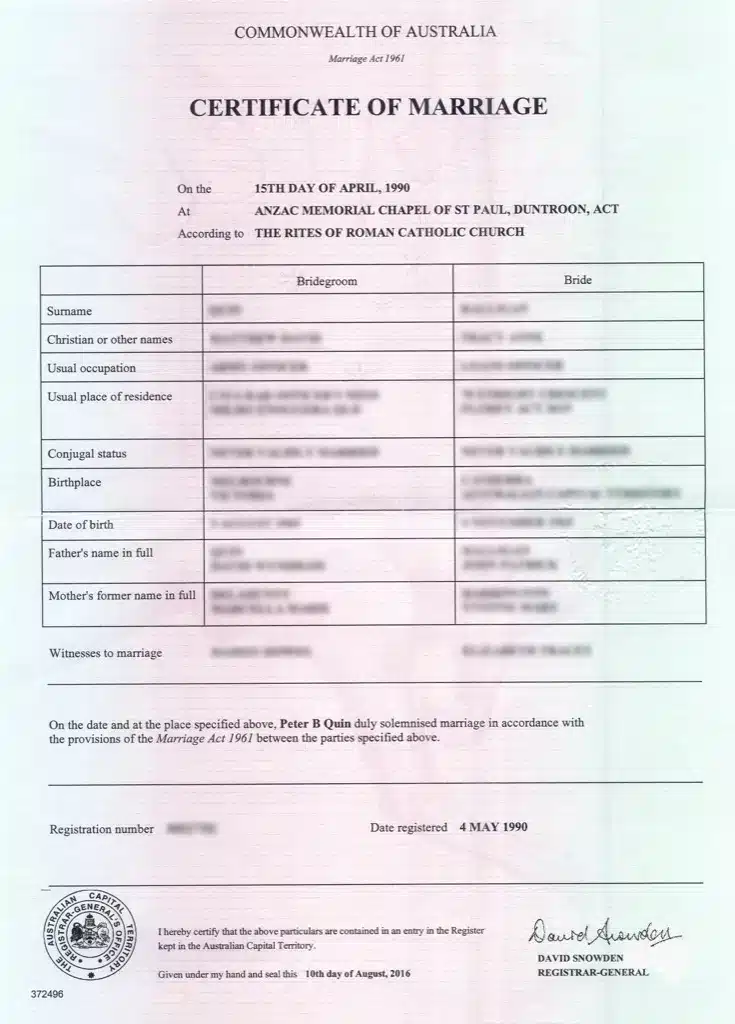 澳洲结婚证翻译成中文示例