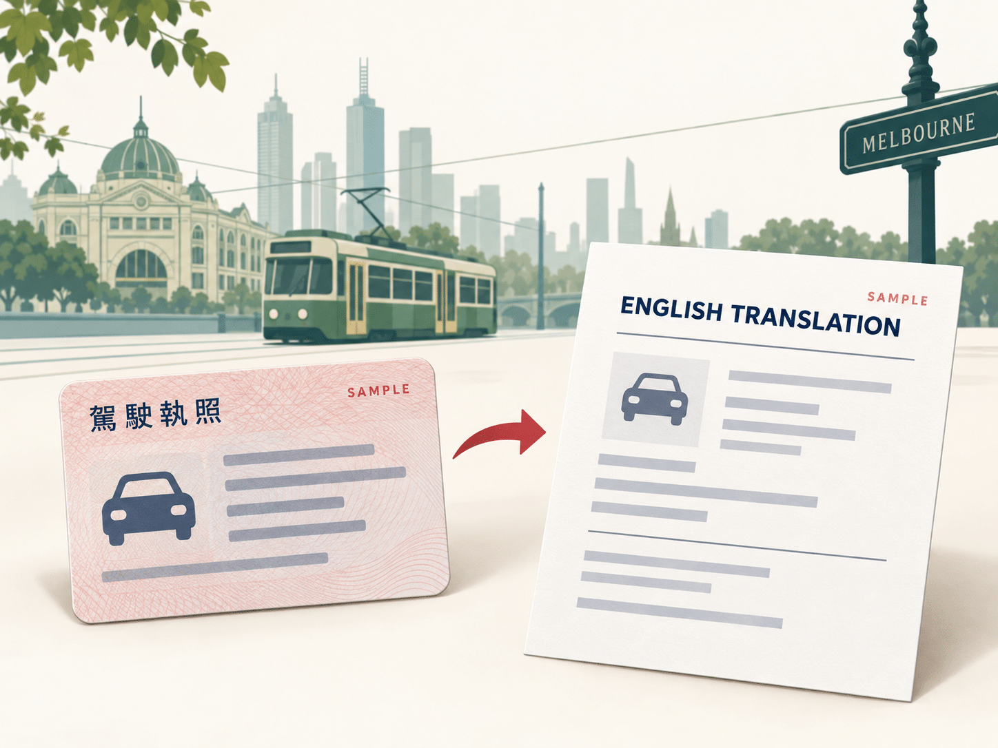 台灣駕照與英文譯件示意，背景為墨爾本電車。