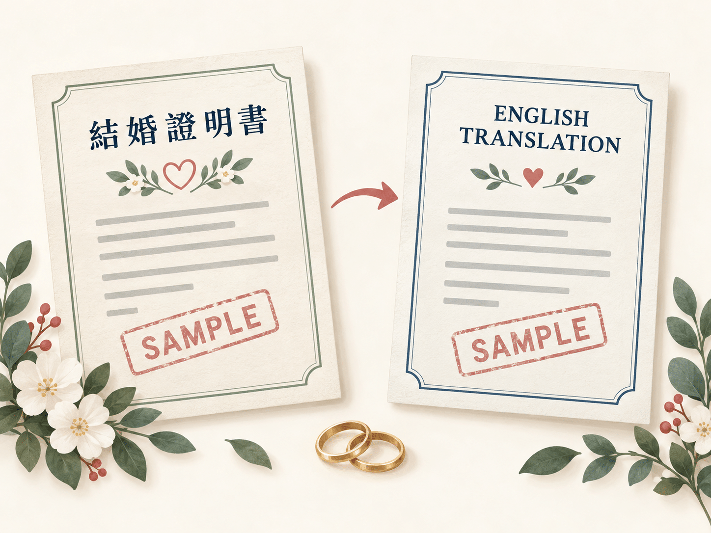 台灣結婚證明書翻譯為英文的服務示意圖（非真實證件）